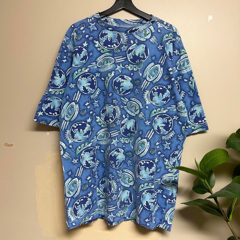 Vintage Pepe Earth All Over Print Graphic Shirt Mens XL Y2K AOP Blue